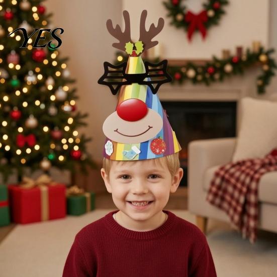 Kids Christmas Craft Party Hat for Adults, Tree Reindeer Santa Headwear Snowman Paper Cone Birthday Supplies Lightweight Festive Headgear