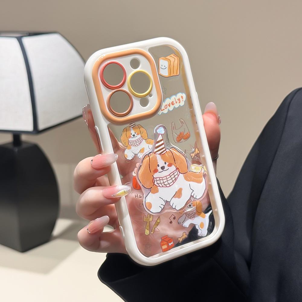 Применимый чехол для мобильного телефона Apple 16Promax с держателем-щенком iPhone15 кремовый чехол 17 защитный чехол ins мультяшный