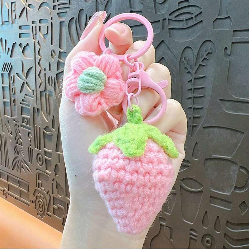 Cute Hand Woven Woolen Strawberry Flower Car Key Jewelry Pendant Women's Bag Decoration for Girls Gift Bag Charm