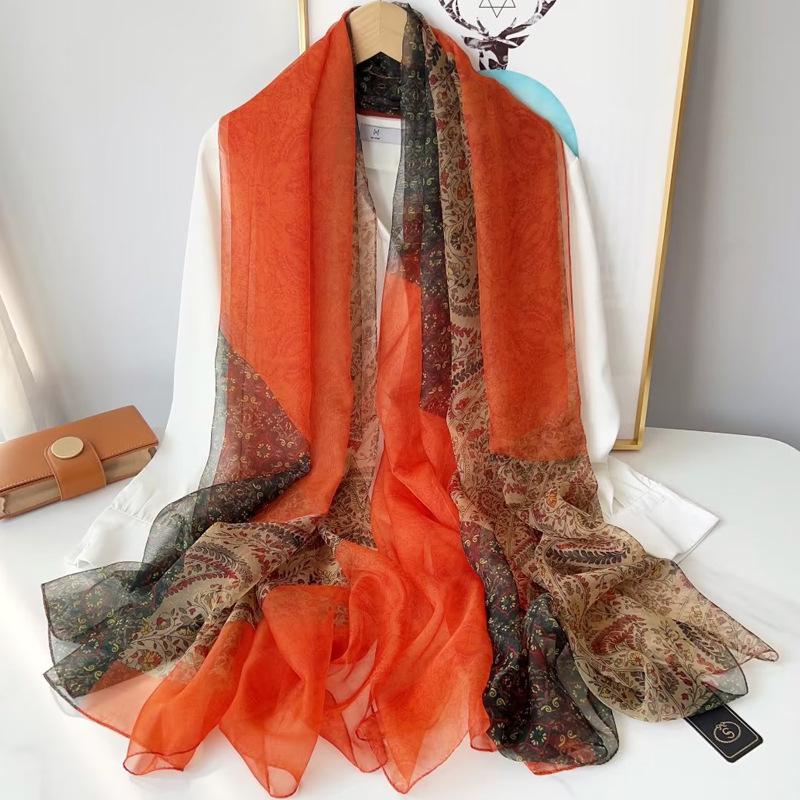 Women's Long Printed Silk Scarf - Ultra-Thin, All-Season, Middle-Aged Mother Style