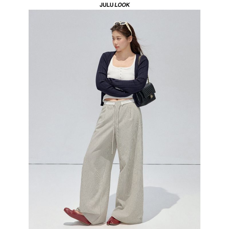 Julu Studio "Spring and Summer Breathable Feel" Loose Drawstring Wide-Leg Striped Casual Pants for Slightly Plus-Size Women, Plus-Size Long Pants