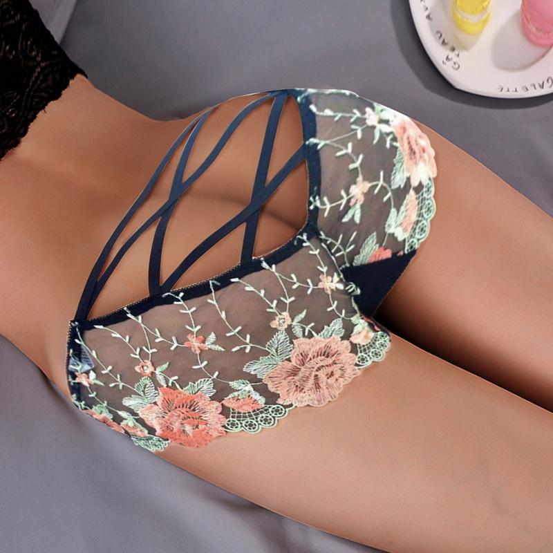 Women Sexy Hollow Briefs Mesh Transparent Underpants Underwear Lace Embroidery Panties Bandage Erotic Briefs Lingeire