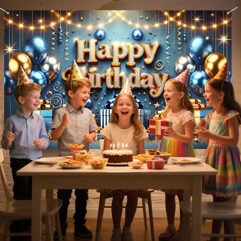 Nuxovilar Happy Birthday Banner Blue Gold Balloons String Lights Polyester Backdrop 43x70.86 Inches - Large Party Birthday Decorations for Photo