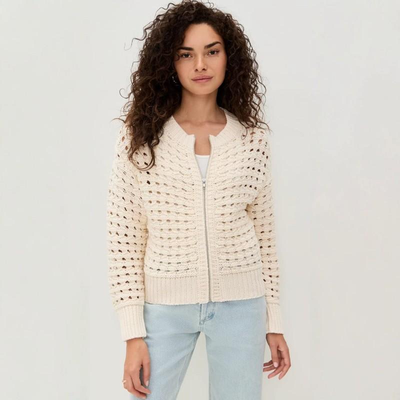 Womens Fashion Zip-Up Knit Cardigan Solid Color Hollow Out Casual Commute Sweater