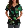 Ladies' St. Patrick Print Fashionable V-neck Pocket Short Sleeved  Uniform And Caregiver Top
