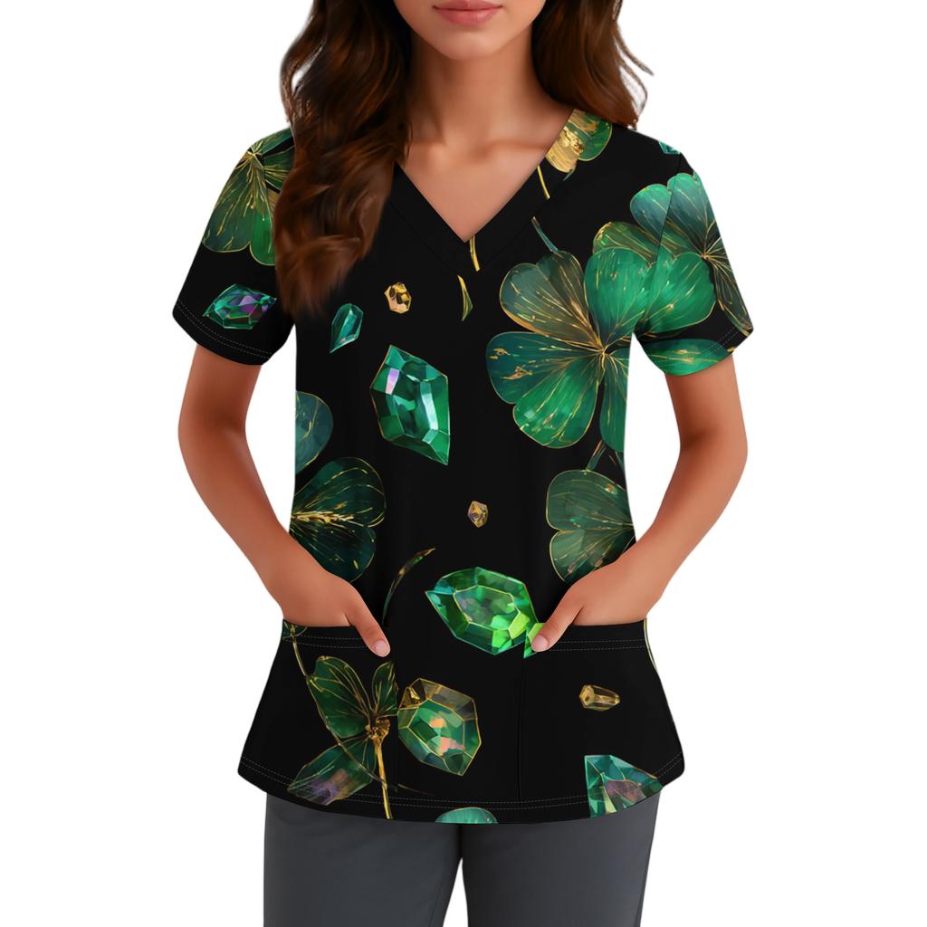 Ladies' St. Patrick Print Fashionable V-neck Pocket Short Sleeved  Uniform And Caregiver Top