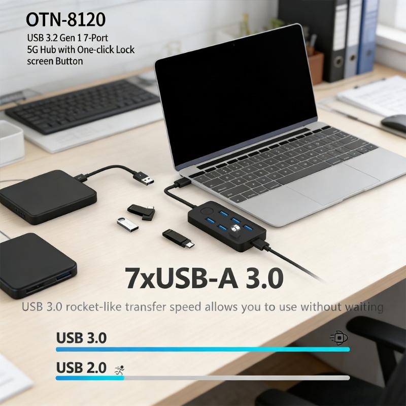 Compactly USB3.0 Dock USB Splitter With Lock Button Support 7 Devices Simultaneous Connection 5Gbps