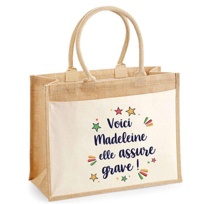Sac cabas - PLANETEE - jute avec poche 'Madeleine elle assure grave !' - Jute naturel - 43 x 33 cm - Imprimé en France