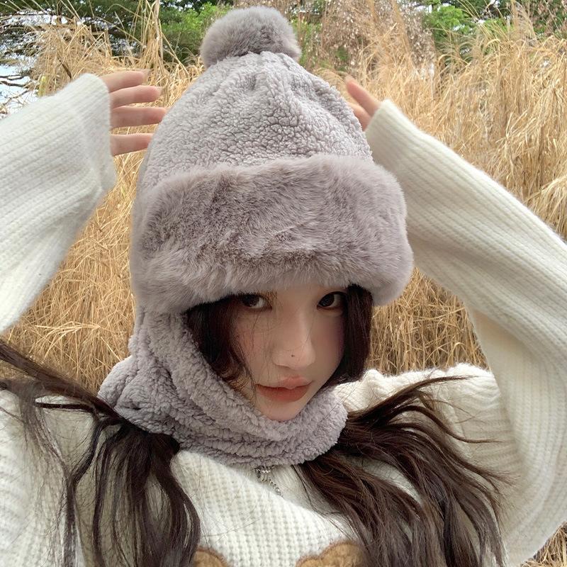 Bear Hat for Women In Winter Korean Style Cute Versatile Headgear Cycling Scarf Warm Mask Sky Scarf Integrated Ear Protection