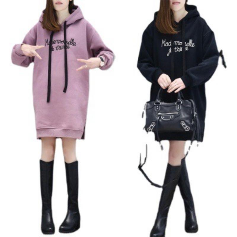 Women S Loose Fleece Hooded Mid Length Embroidered Letter Sweatshirt