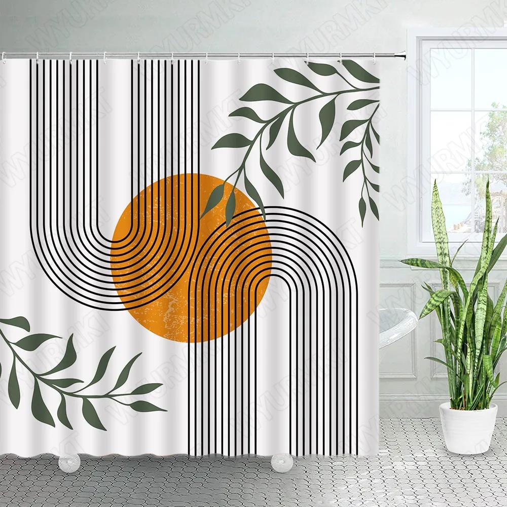 Abstract Mid Century Shower Curtains Boho Arch Sun Beige Modern Minimalistic Home Bathtub Bathroom Curtain Fabric Decoration Set