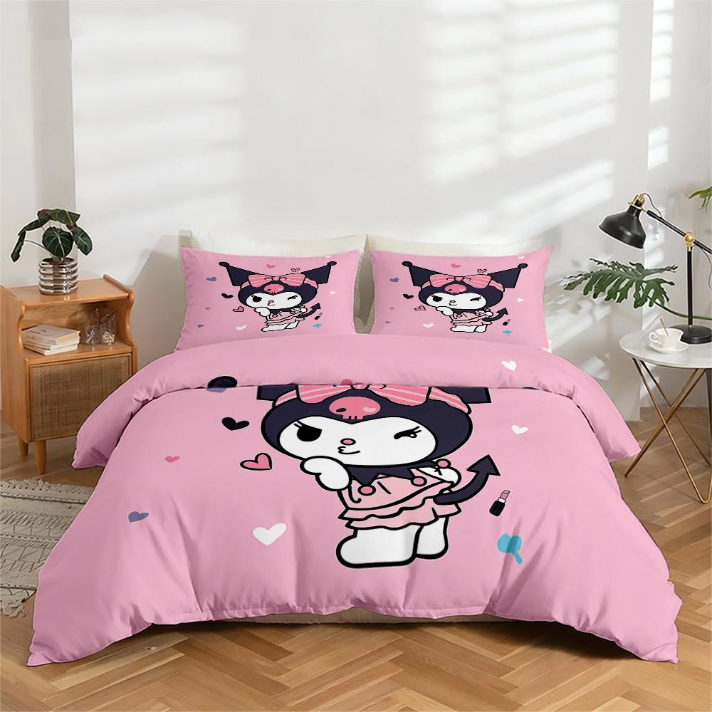 3-Piece High-Definition Digital Print Bedding Set, Kuromi Large Floral Pattern Duvet Cover Set, Includes 1 Duvet Cover + 2 Pillowcases