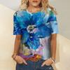 Летняя женская футболка с круглым вырезом, темпераментная, дышащая, с коротким рукавом, синий топ с цветочным узором, свободная повседневная женская футболка