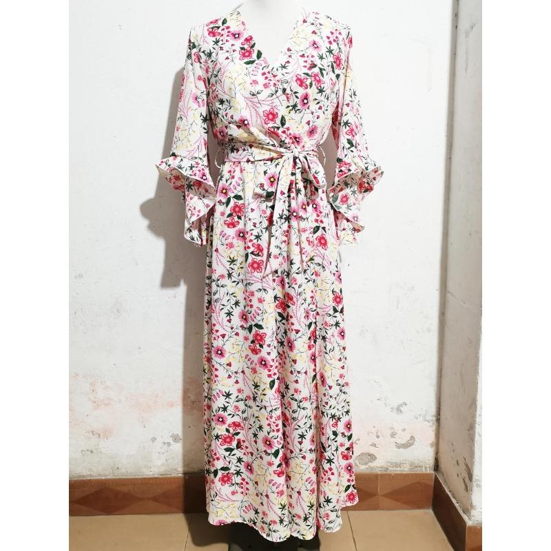 Женские летние платья с рюшами и нерегулярными рукавами и v-образным вырезом и завязками