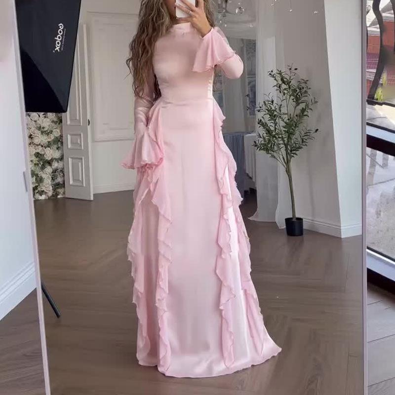 Women's Flare Sleeve Ruffle Dress Muslim Party Gowns Dubai Abaya Turkey Robe Elegant Female Robe Islamic Gown Autumn Fashion