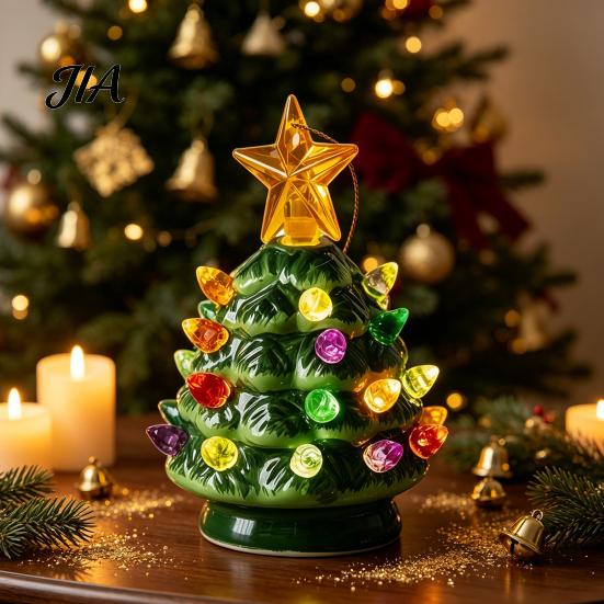 Mini Christmas Tree Decorations Ornament, Glowing Retro Resin Tabletop Decor with Star Charming Home Holiday Displays Topper, Vintage Xmas Trees Night