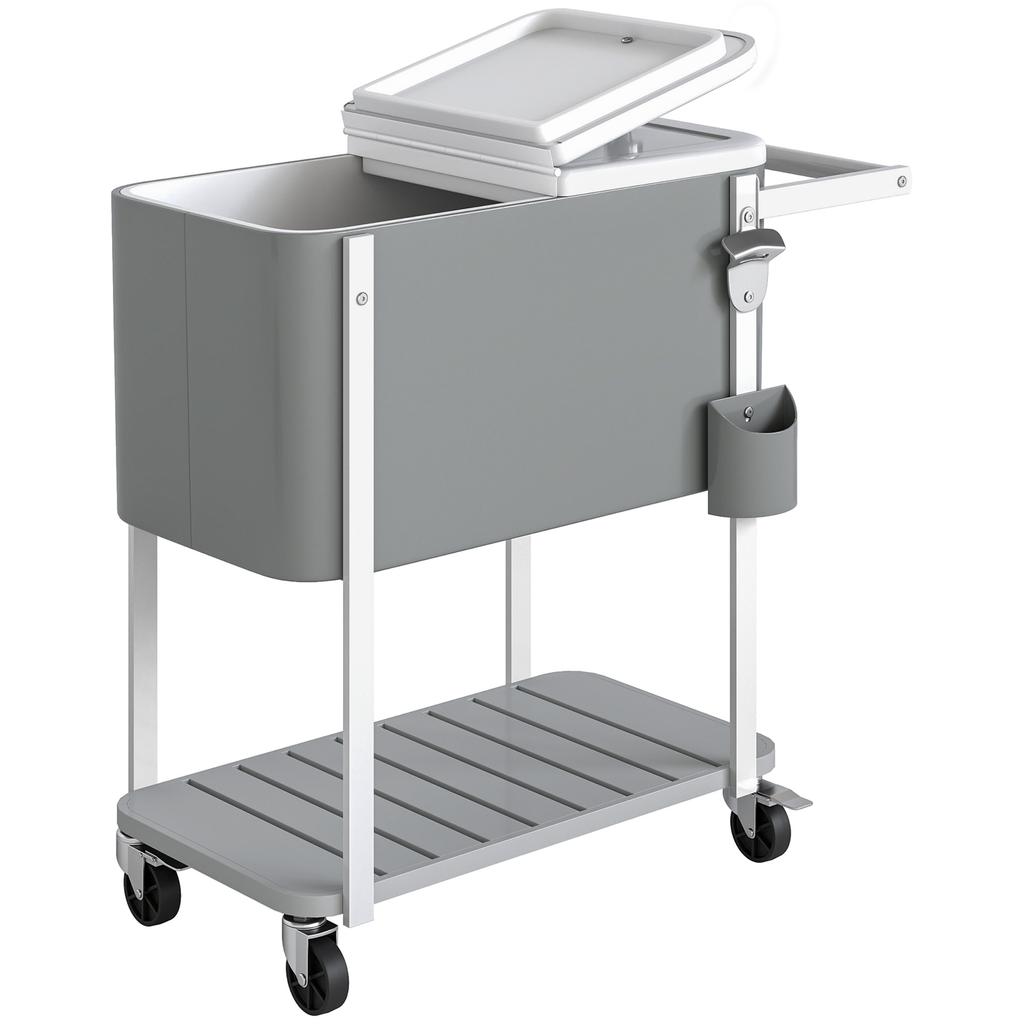 Cooler Cart with 56L Capacity, Serving Cart with Wheels, Bottle Opener, Lower Shelf, Handle, Mobile Beverage Cart, Gray