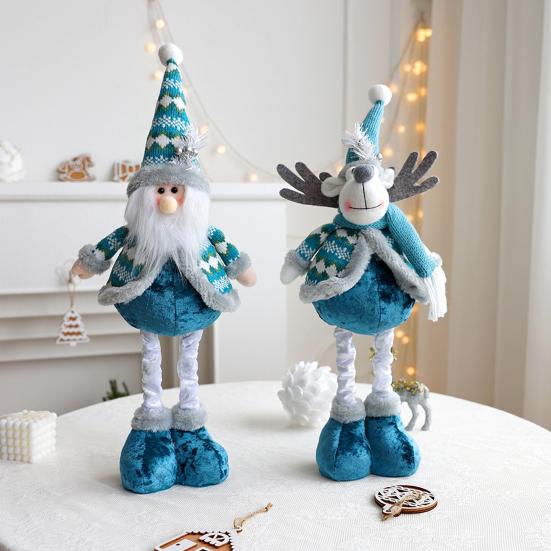 Christmas Doll Ornament Plush Standing Santa Claus Reindeer Snowman Figure with Telescope Leg Blue Gnome Doll Toy for Tree Fireplace Window Table