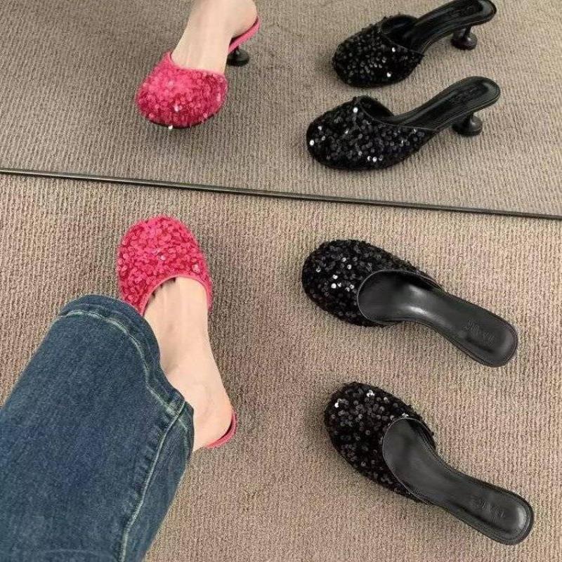 Сандалии розовые кристаллы летняя сексуальная обувь для женщин 2024 г. шлепанцы из горного хрусталя мюли женские тапочки драгоценности высокий каблук до 5 см нормальный F