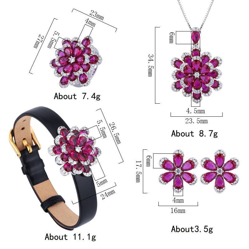 New Luxury Double Layer Flower Design Jewelry Set Pink Ruby Lab Diamond Pendant Necklace Earrings Ring Leather Bracelet 4 Pieces