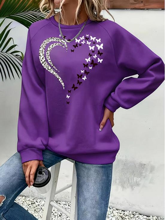 Женская толстовка с принтом «Сердце и Бабочка» - Многоцветная, с круглым вырезом, с длинным рукавом, повседневный универсальный топ.