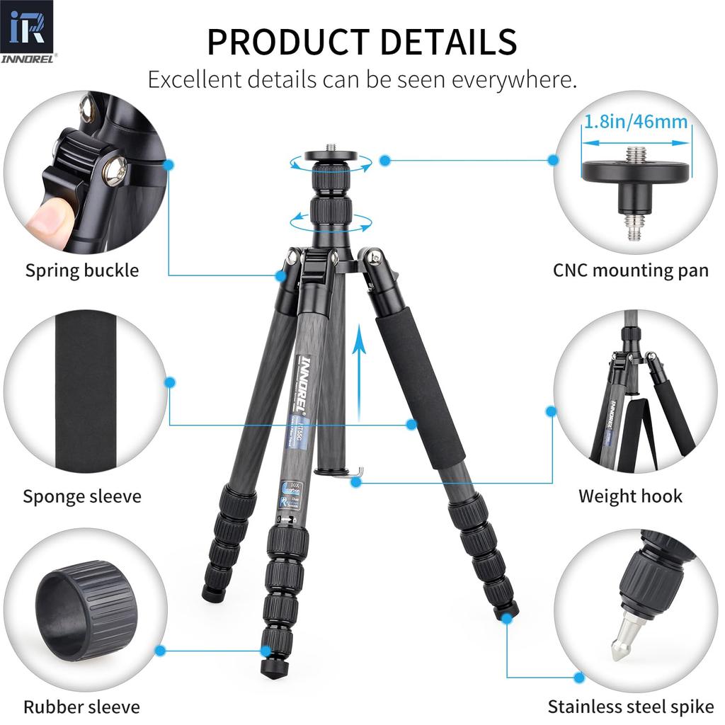 INNOREL Carbon Small and Medium Ultra Light Weight Capacity 5 Adjustable Tube Diameter Center Low Center of Nut Lock Digital SLR Digital Fireworks