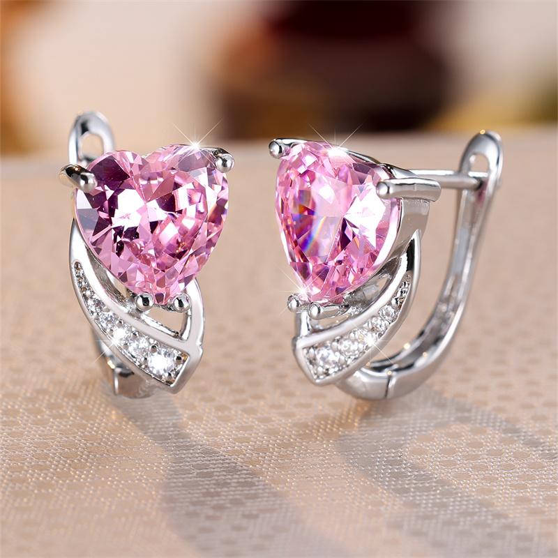 Cut Stone Heart Pink Cz Zircon Drop Earrings Women Cz Drop Earrings Bride Wedding Trendy Jewelry Silvery Color Jewelry
