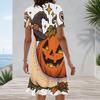 Women Plus Size Round Neck Short Sleeve A Line Halloween Bear Pumpkin Printed Dress