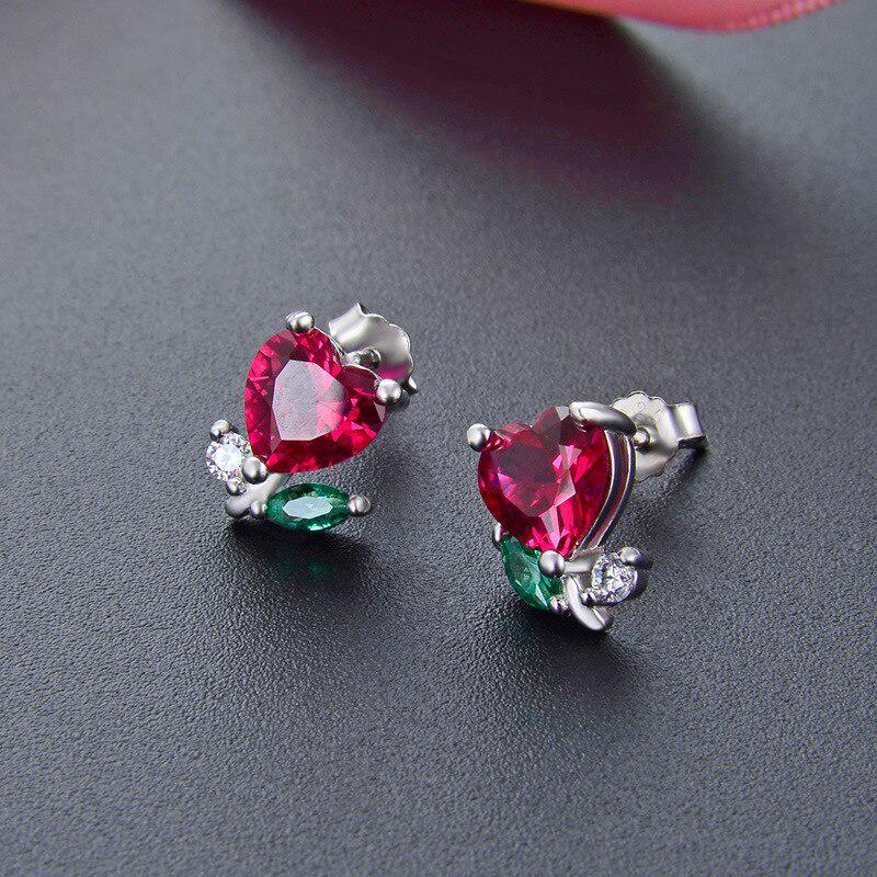 Tancise 925 Sterling Silver Earrings with Heart-shape Ruby Emerald Zircon S Fine Jewelry Women Stud Earrings Wedding