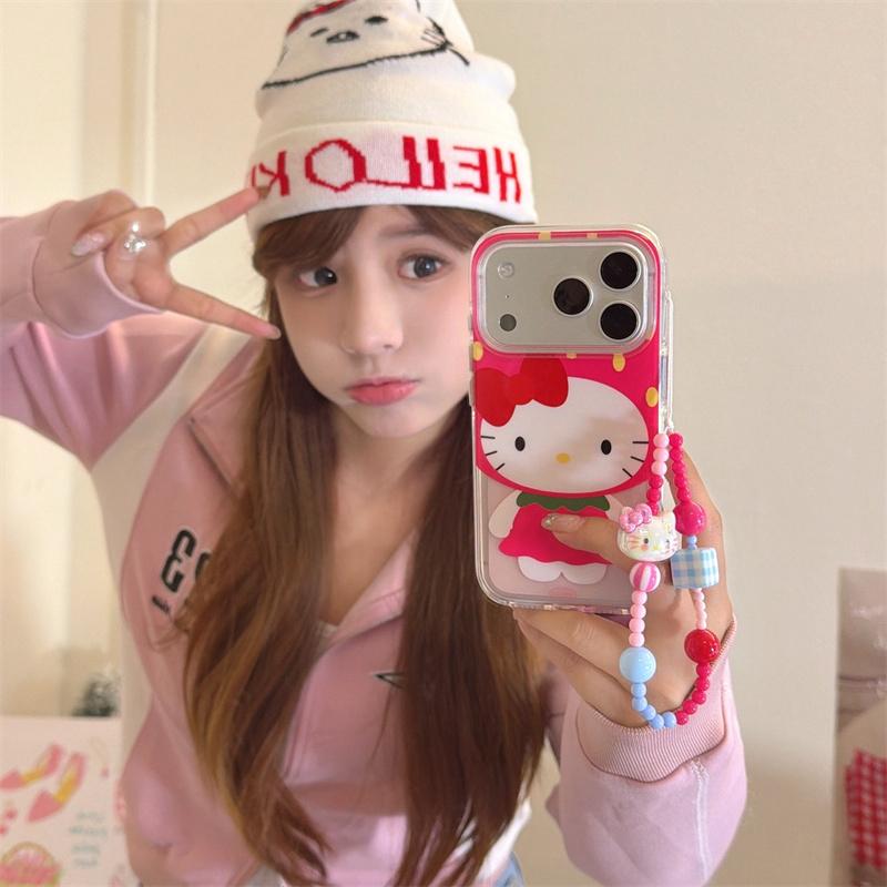 Kawaii Red Bow Cat Case For iPhone 17 16 15 14 Pro Max with Strawberry Outfit, Beaded Strap and Airbag Bumper Shockproof Cover