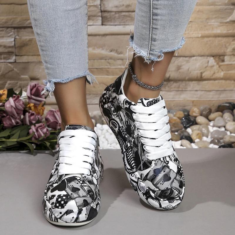 Women's Casual Sneakers Fashion New Painted Graffiti Lace Up Sports Shoes for Women Flat Pu Leather Ladies Running Shoes