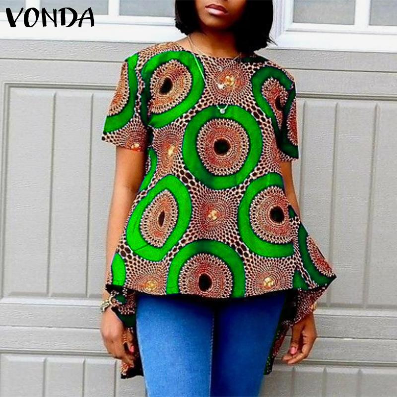 VONDA Женская свободная блузка большого размера с круглым вырезом и коротким рукавом с геометрическим узором и принтом