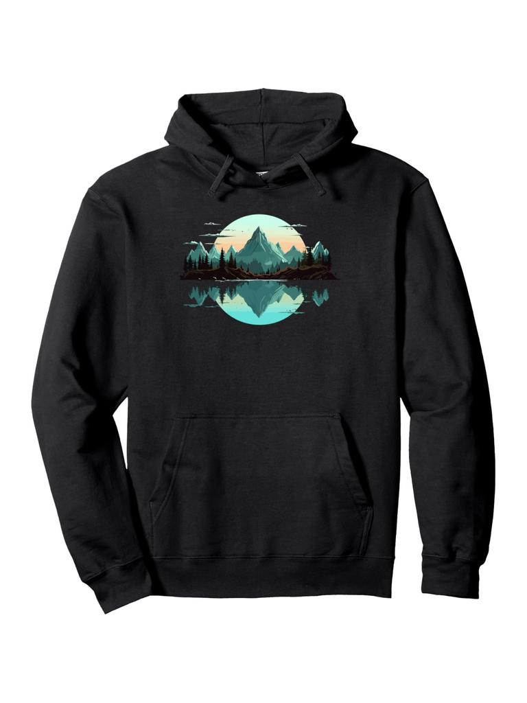Black hoodie - All-Season Pullover Sweatshirt with Mountain Lake Reflection Graphic