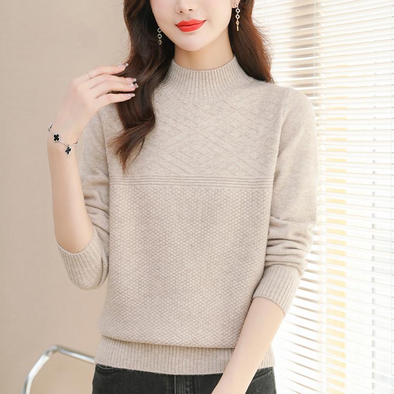 Однотонный вязаный свитер, женский повседневный свитер с полувысоким воротом, универсальный эластичный пуловер с длинными рукавами