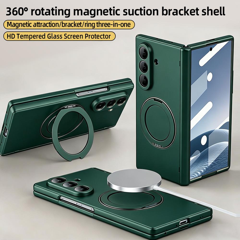 VIETAO Anti-Fingerprint Full Cover Magnetic Phone Case for Galaxy Z Fold 8 7/6/5 with 360° Rotatable Holder, Built-In Glass Film