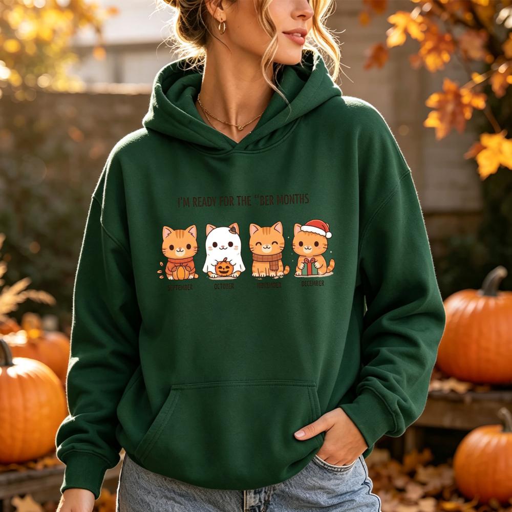 Im Ready for The BER Months Hoodie Cute Fall Winter Cat Graphic Sweatshirt Christmas Pumpkin Kitten Festival Unisex Pullover