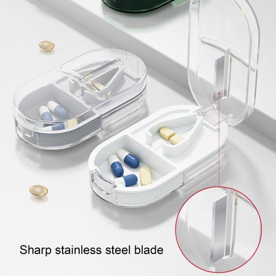 Clear Portable Pill Cutter Box Food Grade Sharp Stainless Steel Blade 2-In-1 Multi-functional Travel Capsule Tablet Storage Container Organizer
