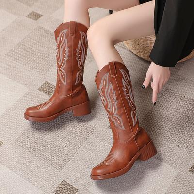Модные ковбойские сапоги в западном стиле, цельные сапоги до середины икры для взрослых женщин, вышитые сапоги для верховой езды, мотоциклетные сапоги, женская обувь