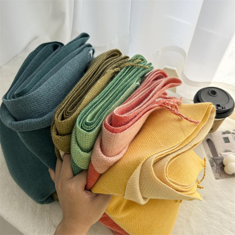 Новый двухсторонний двухцветный искусственный кашемировый однотонный шарф для женщин, зимний теплый шарф-шаль с бахромой для пожилых людей