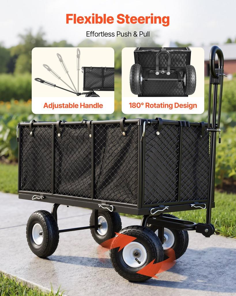 Garden Cart, 544.3 kg, Heavy Duty Steel Hand Trolley, Yard Utility Wagon Outdoor Transport Cart with 10-Inch Tires, Adjustable Handle, Detachable Side