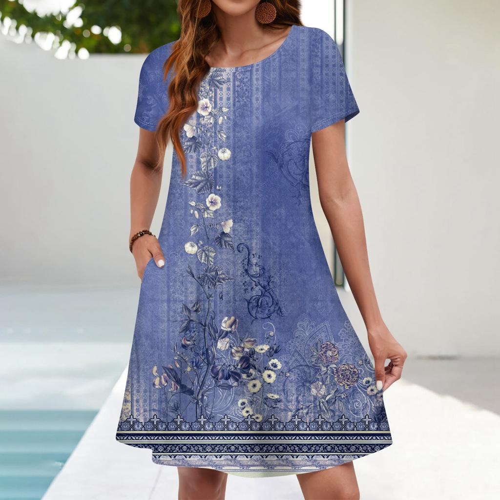Summer Dresses For Women Beach Floral Sundress Short Sleeve Pockets Casual Tshirt Dress