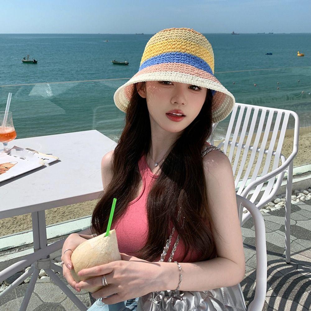 Shade Sun Caps Sunscreen Bucket Hat Stripe Beach Fisherman Hat Rainbow Straw Hat  Outdoor Sports