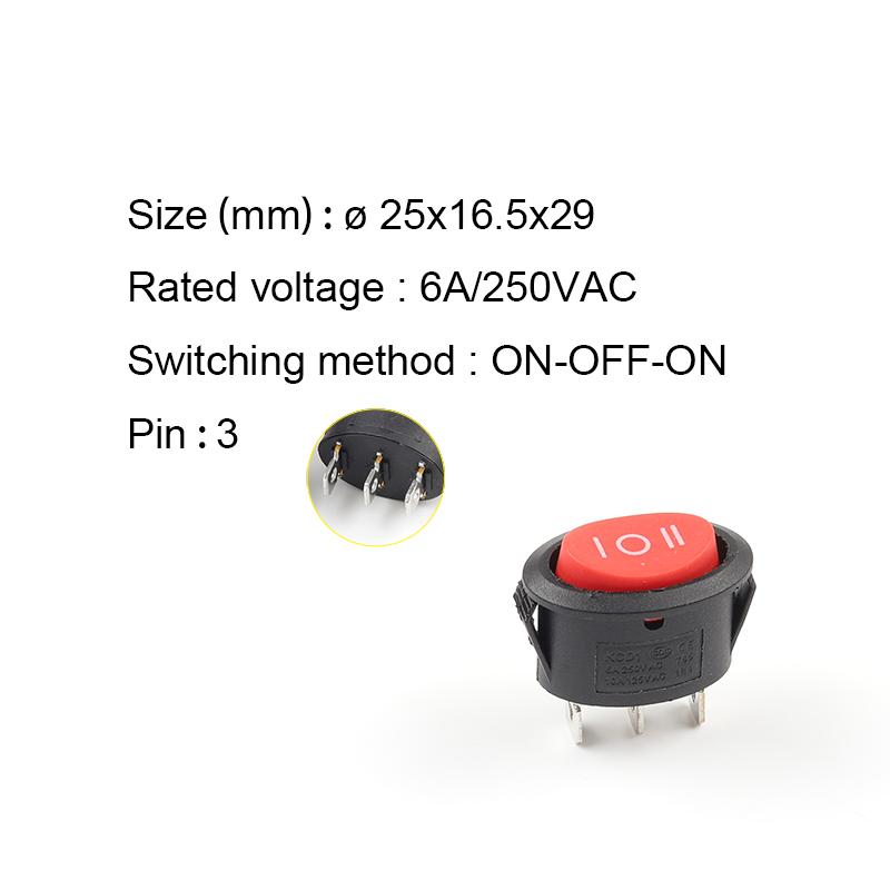 5pcs KCD1Round Small Rocker Switch 25*16.5mm Mini Round Black White Red 2 Pin 3 Pin Switch Power Button Switch With Light 6A/250