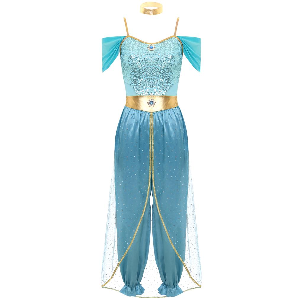 Womens Arabian Princess Belly Dance Costume Sequin Romper with Shiny Choker Collar for Halloween Role Play Parties