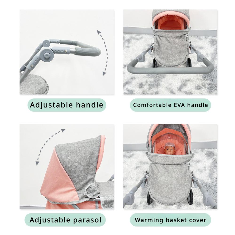 Складная коляска для кукол Большая игрушечная коляска с сумкой на плечо Выдвижной навес Регулируемая мягкая ручка для детей Девочек Ролевые игры