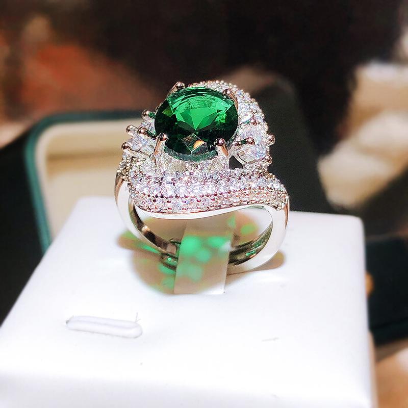 Group Inlaid Zircon Temperament Emerald Emerald Simulated Green Tourmaline Color Treasure Open Ring for Women  Live Finger Ring