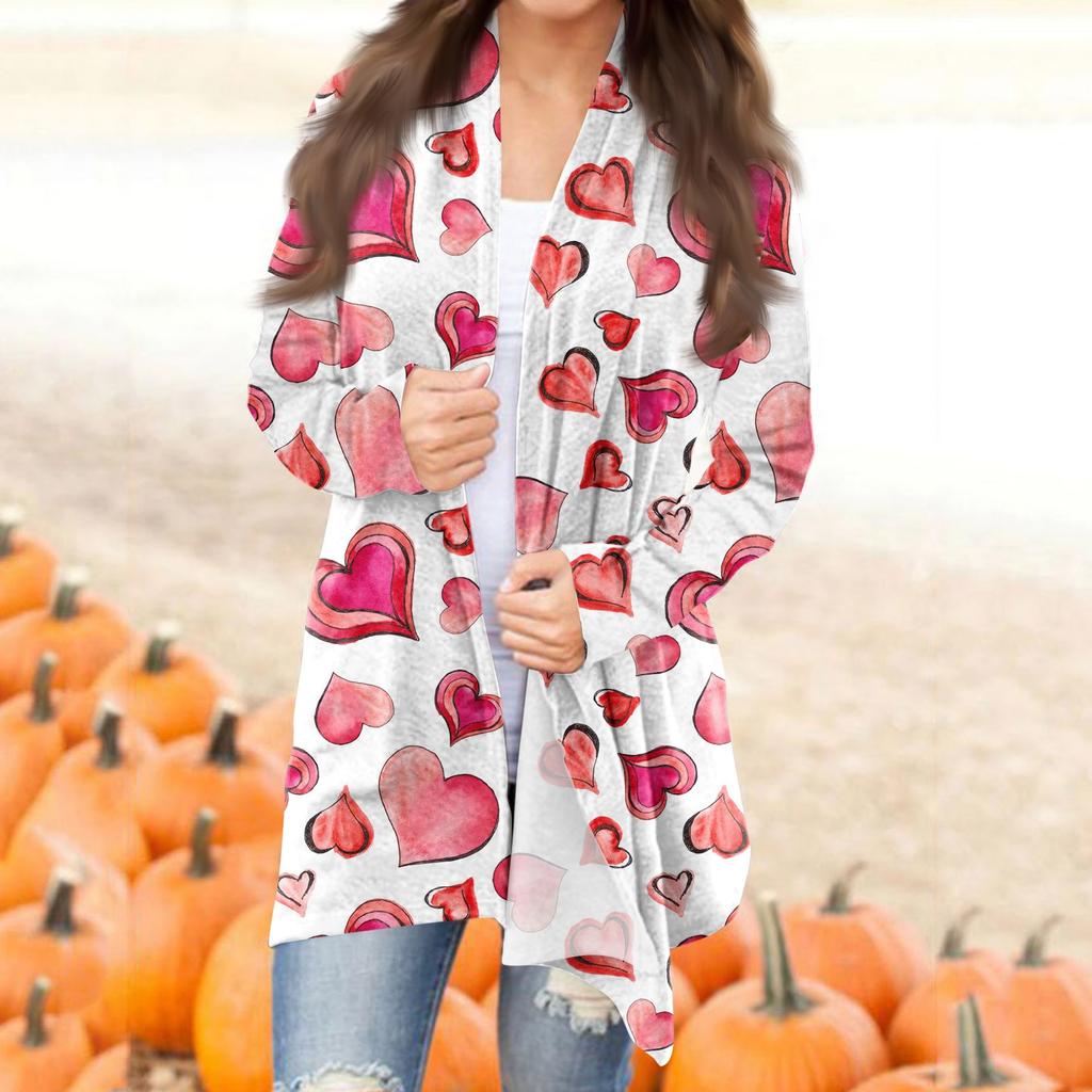 Женский повседневный кардиган с длинными рукавами и принтом ко Дню святого Валентина без карманов, верхнее пальто