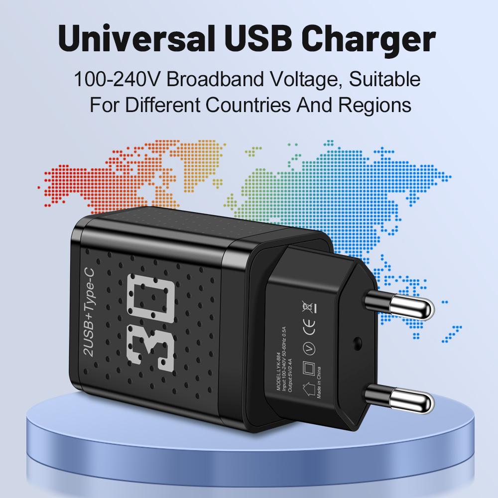 Дорожное зарядное устройство 2,4 А PD+2USB - Штекер США/ЕС/Великобритании