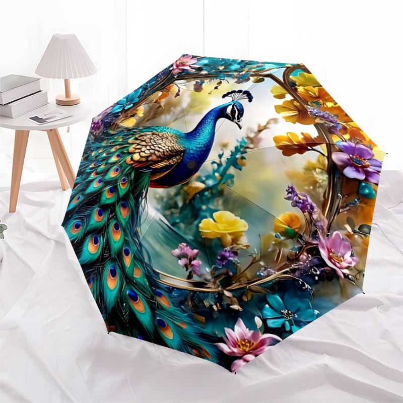 1PC Peacock Decor Automatic Open/close, All-Season Portable Folding Umbrella for Women & Men yy250919134