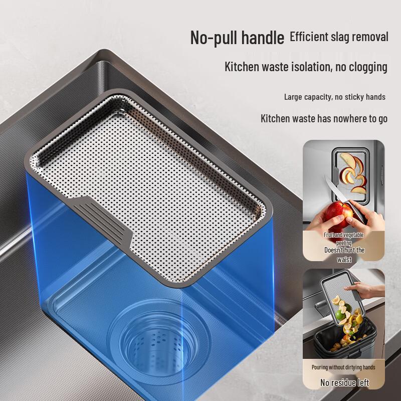 HIGOLD H1 Series 304 Stainless Steel Handcrafted Single Bowl Kitchen Sink with Slag Collector, Rolling Curtain & Pull-out Faucet